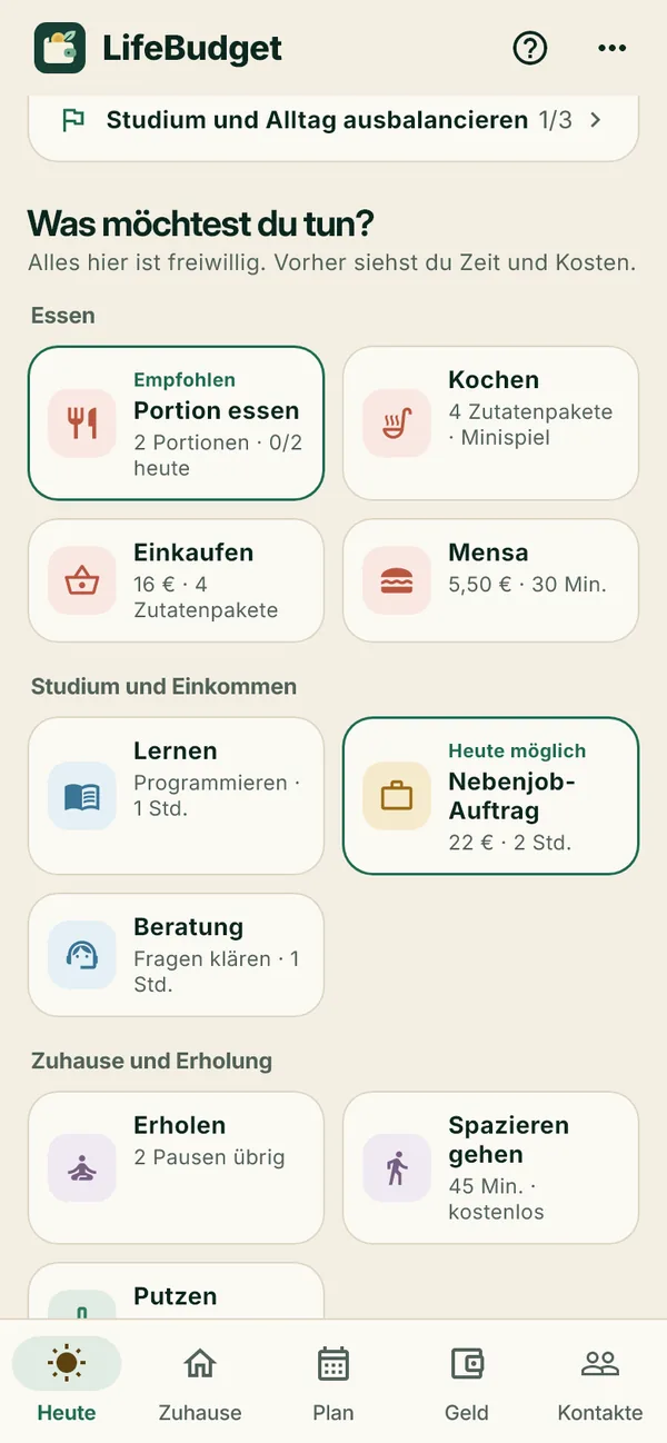 Aktionsliste mit Essen, Lernen, Nebenjob und Erholung.
