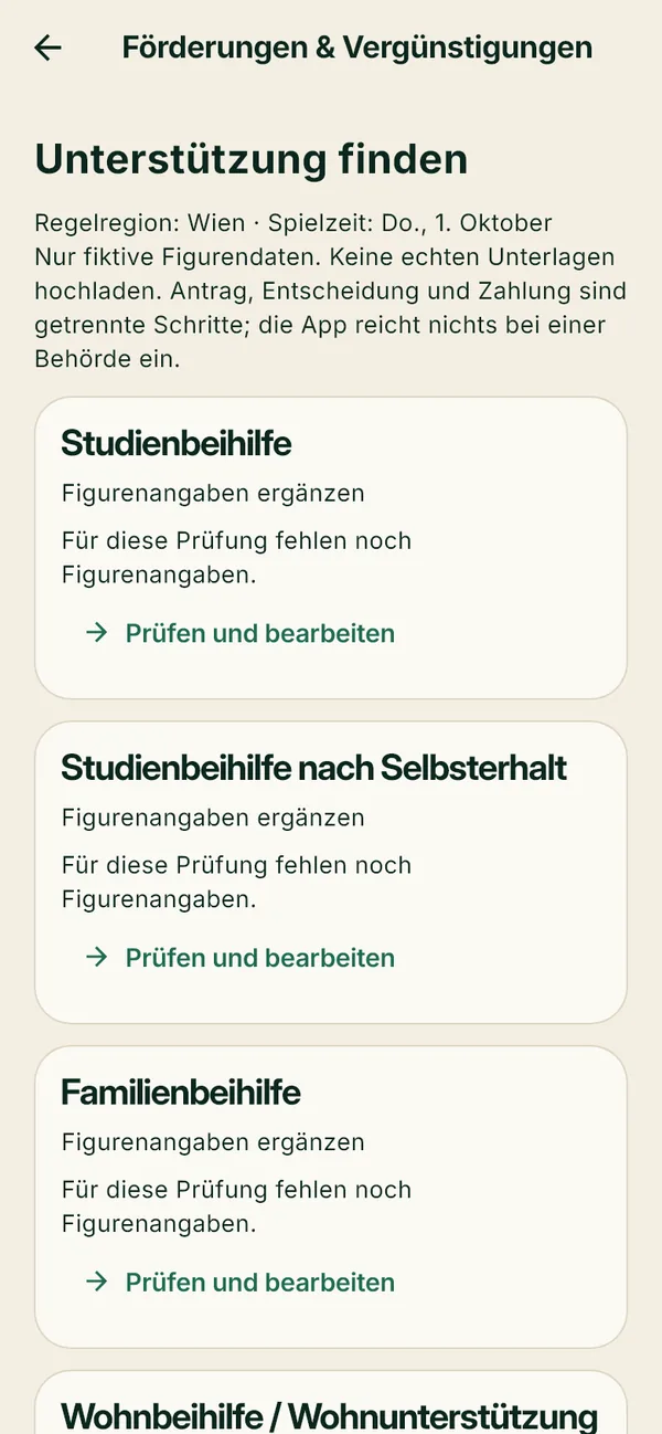 Förderungszentrum mit Studienbeihilfe, Familienbeihilfe und Wohnbeihilfe.