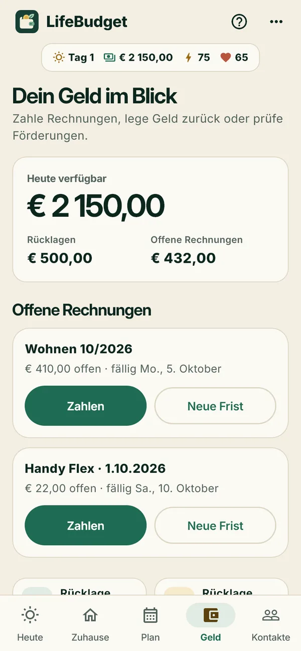 Geldansicht mit Guthaben, Rücklagen und offenen Rechnungen.