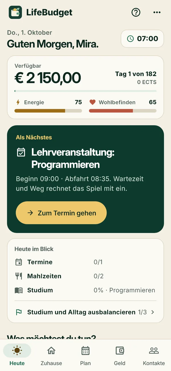 Tagesansicht mit Guthaben, Energie, Wohlbefinden und dem nächsten Termin.