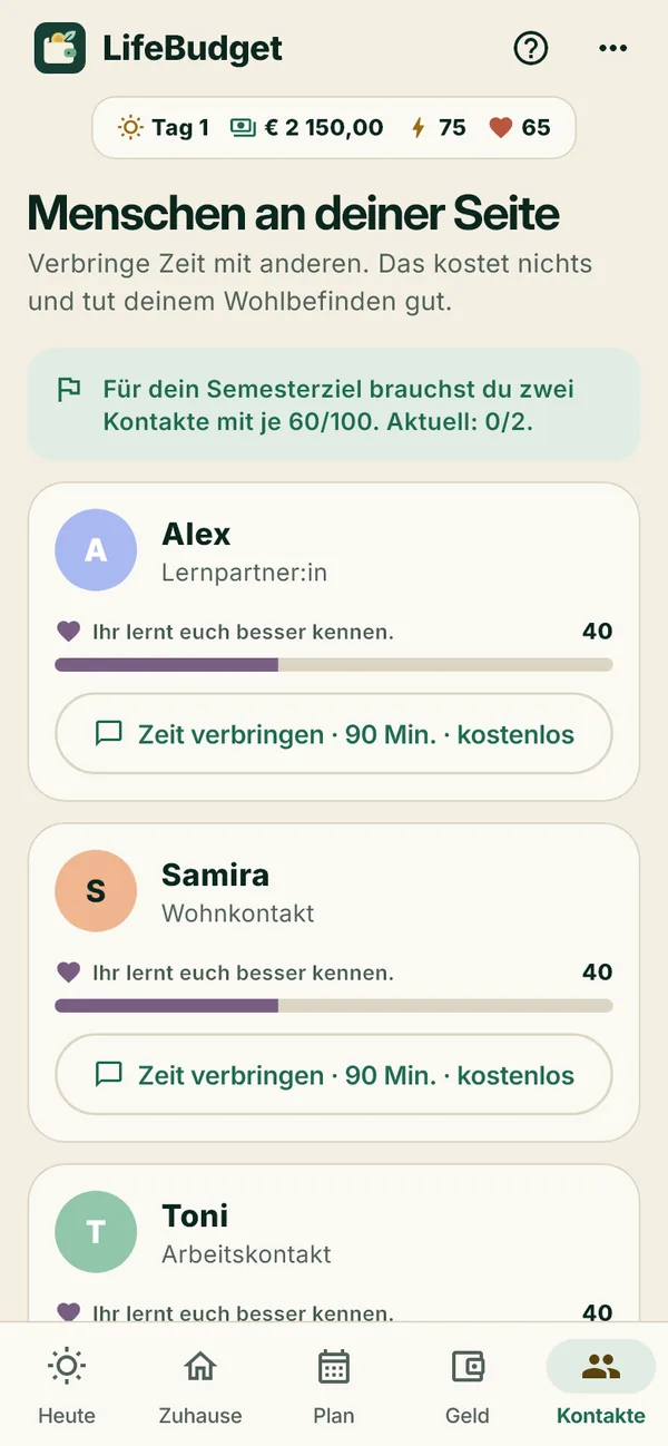 Kontaktansicht mit drei Figuren aus dem Spiel.