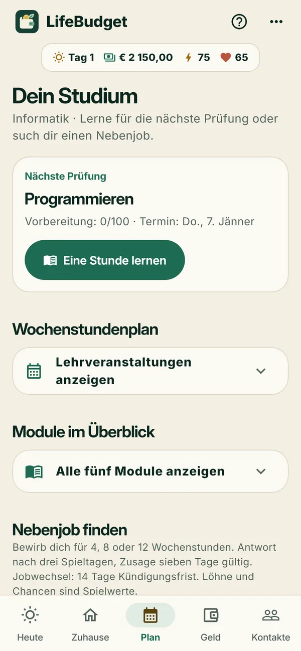 Studienansicht mit nächster Prüfung, Stundenplan und Nebenjobsuche.