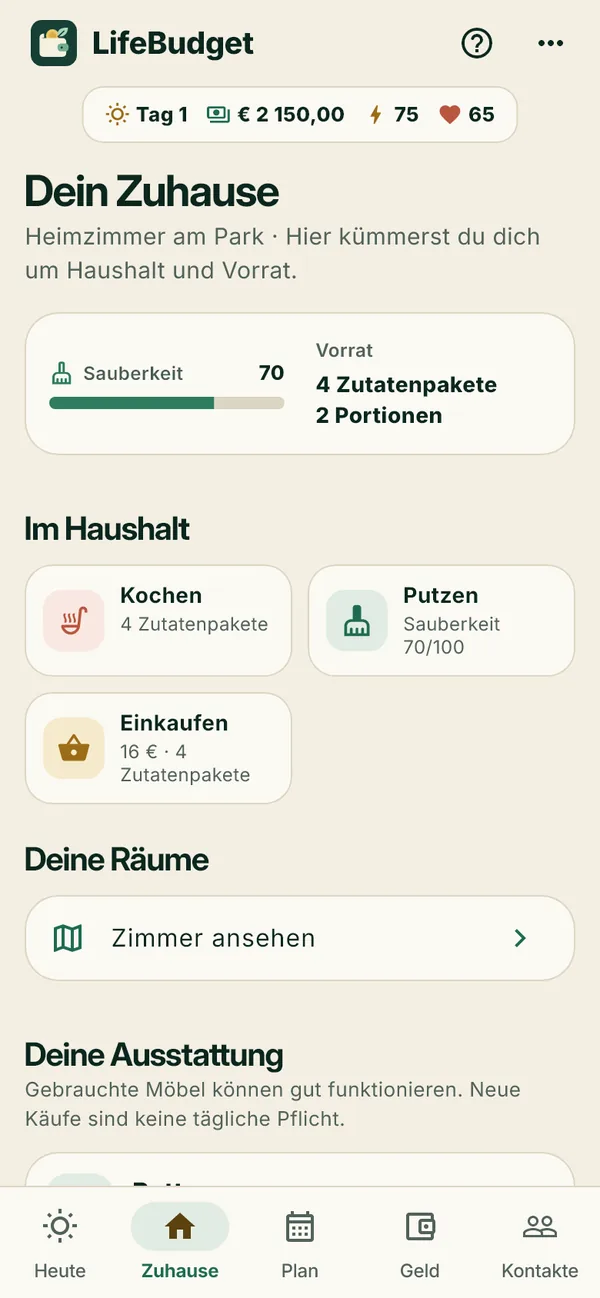 Zuhause-Ansicht mit Sauberkeit, Vorrat und Haushaltsaktionen.